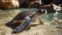 Sea turtle swimming in crystal clear shallow water over sandy bottom, sunlight creating natural highlights on shell pattern and underwater reflections.