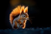 Red squirrel with glowing backlit fur against dark background, dramatic lighting creates magical atmosphere in natural wildlife setting. Captured during golden hour.