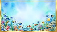 Watercolor underwater ocean scene with tropical fish, coral reef, and golden frame border, perfect for cards, banners, and marine-themed designs.