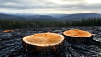 Fresh cut tree stumps in mountain forest landscape at sunset, natural wooden texture with annual rings and bark against misty hills background.