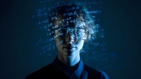Young Asian businessman with digital data projections and mathematical formulas overlaying face representing artificial intelligence and technology innovation.