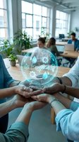 Business team hands together with holographic sustainability icons sphere in modern office representing environmental corporate responsibility and teamwork.