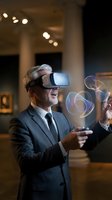 Senior businessman in suit using VR headset with holographic interface elements in modern office environment for digital transformation presentations.