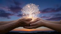 Cupped hands holding glowing tree of life symbol against twilight sky. Spiritual growth, mindfulness, environmental protection concept for wellness designs.