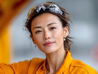 Young Asian woman wearing silver leaf headband and orange jacket smiles confidently at camera with natural makeup and windswept hair against blurred background.