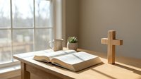 Open holy book and wooden cross on a sunlit table by a window, evoking faith, prayer, and spiritual reflection in a peaceful home setting.