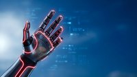 Futuristic robotic hand with glowing red accents reaching upward against blue digital background with light effects for technology and AI concepts.