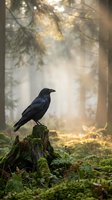 Black raven perched on moss-covered tree stump in misty forest with golden sunlight streaming through trees creating atmospheric woodland scene.