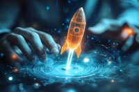 Glowing orange rocket launching from digital circular platform with ripple effect against dark background with blue particles and bokeh lights. For startup concepts.