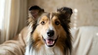 Happy Shetland Sheepdog with open mouth sitting on beige sofa in cozy home interior, expressing joy and friendliness for pet care and companionship concepts.