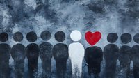 White figure with red heart stands out among black silhouettes on textured blue background. Concept of love, uniqueness, compassion and human connection.