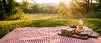 Outdoor picnic setup with red checkered blanket on grass field during golden hour sunset. Wooden tray with food and drinks creates cozy dining atmosphere.