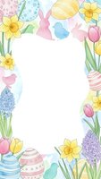 Easter frame with spring flowers, decorated eggs and bunny silhouettes on white background for greeting cards and seasonal designs.