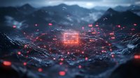 Glowing red digital network nodes scattered across dark mountainous landscape with central illuminated connection point, representing global data transmission.