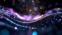 Magical glowing wave with sparkling particles and bokeh lights against dark background creates dreamy cosmic atmosphere in purple and blue colors.