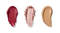 Cosmetic makeup swatches in burgundy lipstick, rose eyeshadow and beige foundation isolated on white background for beauty and skincare design.