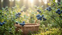 Fresh blueberries growing on bush branches with wicker basket in background during golden hour harvest time in organic garden setting.