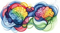 Colorful abstract brain illustration with flowing ribbons and swirls representing creativity, intelligence and mental processes for educational content.