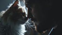 Intimate moment between bearded man and white cat in dramatic backlit setting, highlighting whiskers and facial features against dark background.