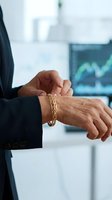 Mature male professional in dark business suit checking time on wrist watch with gold bracelet in modern office with financial charts visible.
