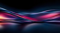Flowing abstract waves in vibrant pink, purple and blue colors create dynamic motion effect against dark background with reflection on glossy surface.