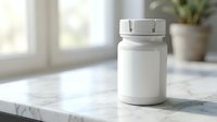 White medicine bottle with blank label on marble counter in bright kitchen interior for pharmaceutical packaging and healthcare product mockup.