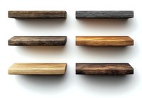 Empty wooden floating shelves in different colors and finishes isolated on white background, ready for product display and interior design mockups.