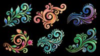 Colorful watercolor floral swirl ornaments set, isolated on transparent background. Six decorative flourish elements for stickers, t-shirt design, clipart, sublimation, print on demand.