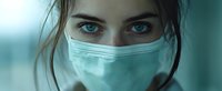 Young woman with intense blue eyes wearing protective medical face mask against turquoise background, representing healthcare and pandemic safety measures.