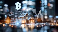 Real estate market analysis with glowing cryptocurrency symbol and financial chart overlay on illuminated house at night with bokeh effect background.