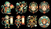 Colorful folk art style monkey clipart set with peach, lanterns, bamboo, isolated on transparent background. Great for T-shirts, stickers, print on demand.