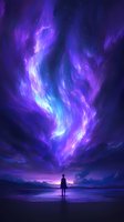 Silhouetted person gazing at spectacular aurora borealis with swirling purple and blue lights reflecting on calm water surface against starry night sky.