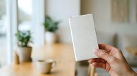 Hand holding blank white rectangular card in modern kitchen with potted plants and natural light, suitable for branding, mockup, and marketing materials.