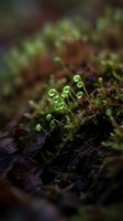 Delicate moss sporophytes with green capsules growing on forest floor in natural woodland environment with soft bokeh background.