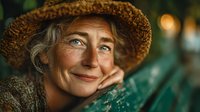 Elderly Caucasian woman with gray hair wearing woven hat resting chin on hand with gentle smile and bright blue eyes in warm natural lighting for lifestyle content.