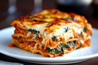 Layered lasagna with spinach and melted cheese on white plate, featuring alternating pasta sheets, rich tomato sauce, and fresh herbs in restaurant setting.