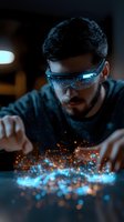 Young Asian male wearing futuristic smart glasses interacts with glowing orange and blue holographic particles on dark surface, creating immersive tech experience.