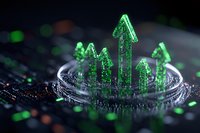 Glowing green arrows rising from digital circuit platform represent growth, success, and technological advancement in business analytics and cryptocurrency markets.