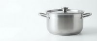Stainless steel cooking pot with lid and handles isolated on white background, ready for kitchen and culinary design projects.