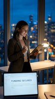 Businesswoman holding tablet in modern office at night with city skyline view, working on financial project, suitable for corporate and business themes.