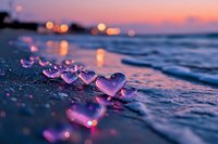 Heart-shaped bubbles on wet beach sand during romantic sunset with purple and pink sky colors reflecting on ocean waves and shore.