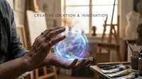 African American man holding glowing holographic sphere in creative workspace showcasing futuristic technology and innovation concepts for business presentations.