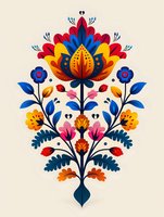 Colorful folk art floral composition with symmetrical arrangement of red, blue, yellow and pink flowers on beige background. Traditional decorative botanical pattern.