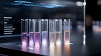Laboratory test tubes with glowing liquid samples in gradient colors from purple to peach, arranged in row on dark surface with futuristic lighting effects.