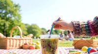 Young woman with medium skin tone placing a colorful straw into a refreshing beverage during outdoor summer picnic gathering with friends and fresh produce.