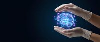 Human hands protecting glowing digital brain with neural networks on dark background representing artificial intelligence and mind protection concept.