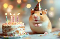 Adorable hamster wearing party hat next to birthday cake with lit candles, festive bokeh lights background creates magical celebration atmosphere.
