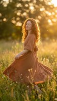 Young woman with curly red hair in brown dress dancing in meadow at golden hour sunset with warm bokeh light filtering through trees creating dreamy atmosphere.