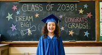 Happy mixed-race female graduate in blue cap and gown celebrating Class of 2038 in decorated classroom with colorful stars and motivational messages.