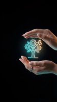 Protective hands surrounding glowing digital tree with gear mechanisms symbolizing growth, innovation and business development on dark background.